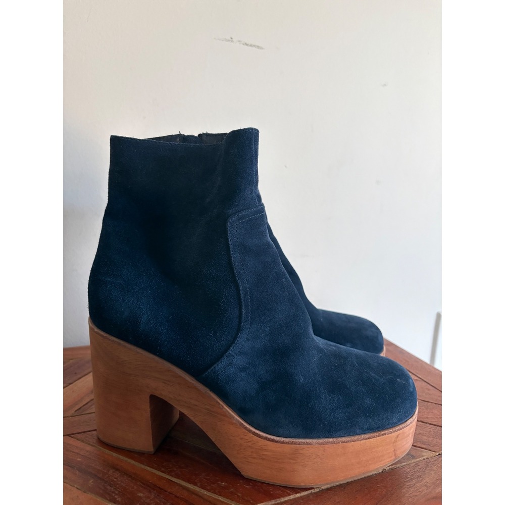 Charlotte Stone Navy Blue Suede Wood Platform Block Heel Ankle Boots Size 9